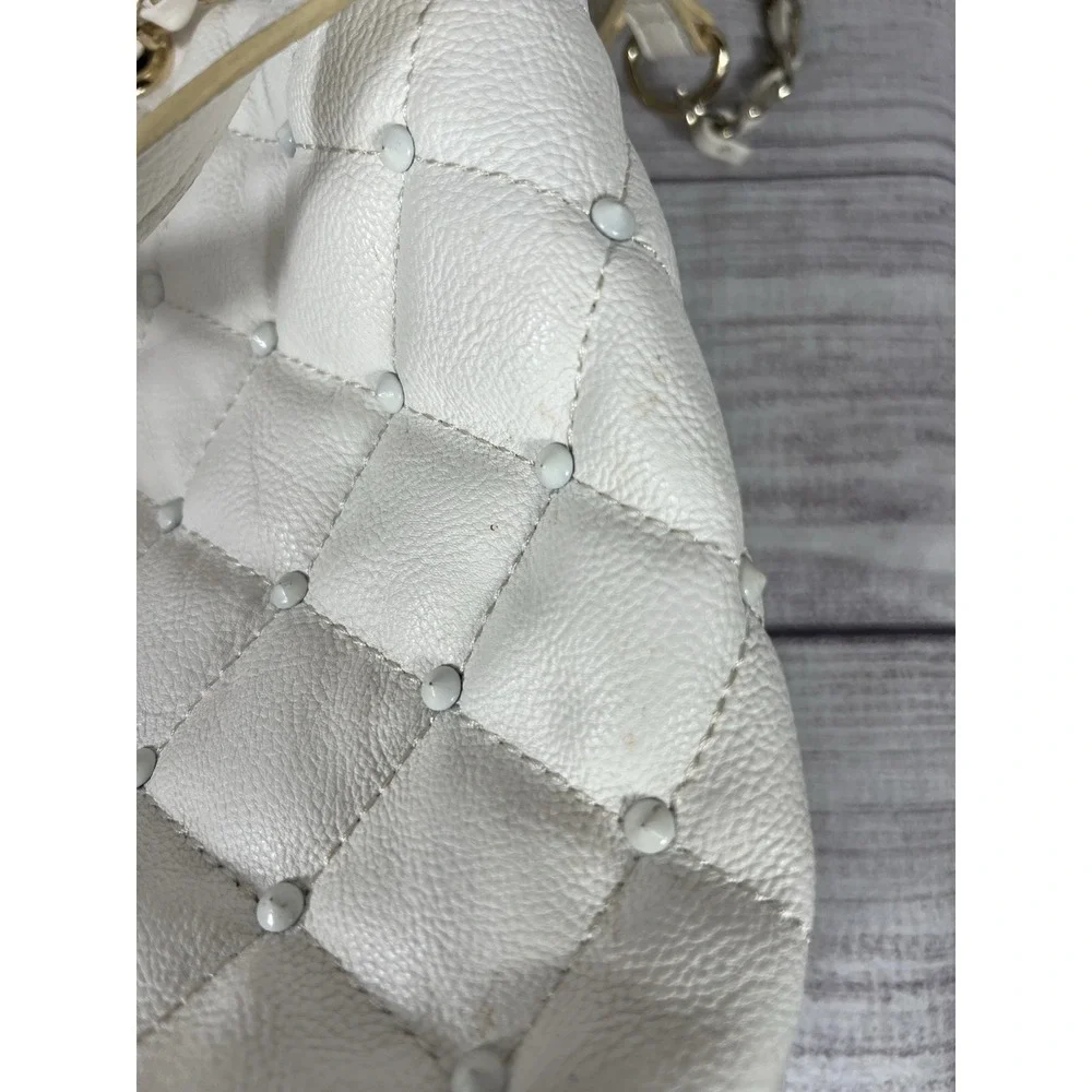 Big Buddha Quilted Studded Hobo Shoulder‎ Bag White With Gold Tone Chain Links